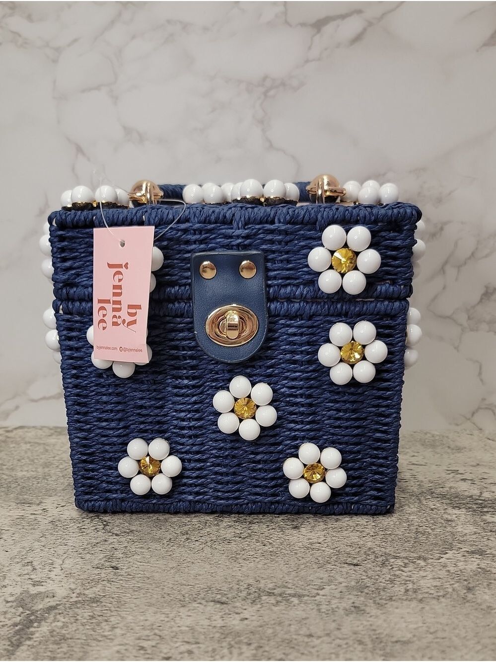 Daisy Embellished Straw Bucket Bag | Rattan Flower Box Purse by Jenna Lee - Picture 7 of 12